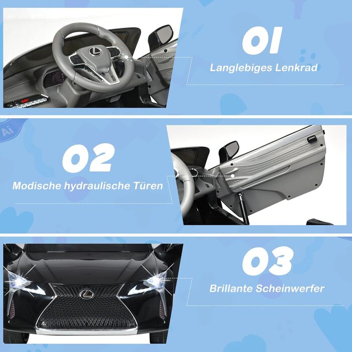 Дитячий електромобіль Lexus COSTWAY 12V з пультом, LED, музикою, USB, чорний