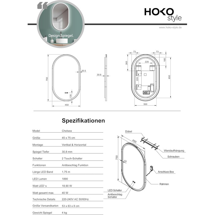 Дзеркало для ванної кімнати HOKO круглої форми 80 см з підсвічуванням, антизапарюванням, рамкою, сенсорним вимикачем з пам'яттю та регулюванням кольору світла (2700-6500K)