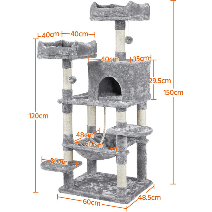 Кігтеточка Yaheetech Cat Tree 150 см з 2 приємними оглядовими майданчиками Sisal Cat Furniture Дерево для скелелазіння для великих кішок, світло-сіре 60,5 см x 50,5 см x 146,5 см (ДхШхВ) Світло-сірий