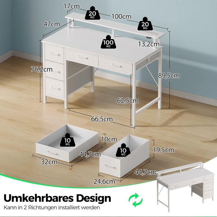 Комп'ютерний стіл Seventable з розетками та LED-підсвічуванням, 100 см, ігровий стіл з 5 шухлядами, стіл для офісу, робочого кабінету, спальні, вітальні, білий