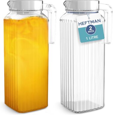 Скляний глечик для холодильника (2 шт.) об'ємом 1 літр з кришкою, рифлений дизайн, не протікає, вентильована кришка для гарячої/холодної води, чай, кава, молоко