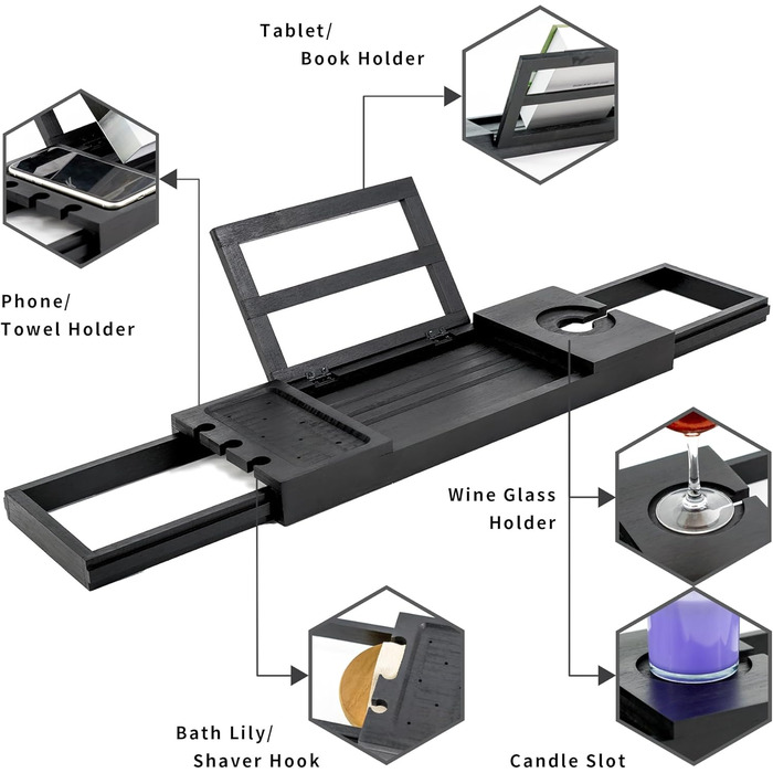 Підставка для ванни Utoplike з бамбука, регульована, органайзер для ванної кімнати з тримачем для книги, планшета, келиха, чашки, рушника, чорного кольору, 50.5 x 18 x 4.4 см