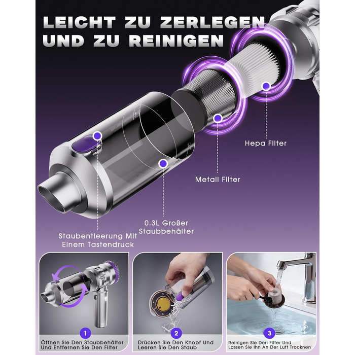 Бездротовий автомобільний пилосос Ortiny 28000Па, ручний міні-пилосос 4 в 1 з безщітковим двигуном та самоочищенням контейнера, для авто, дому та кухні, сріблясто-фіолетовий