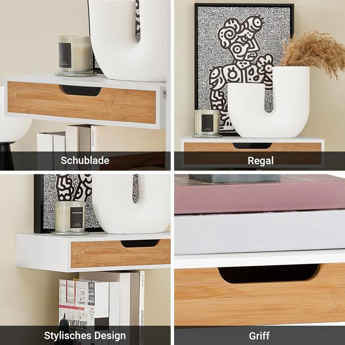 Настінна полиця SoBuy з шухлядою - біла та дерев'яна, 60x24x8 см. Модерн для вітальні, спальні, передпокою FRG93-WN