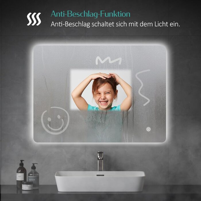 Дзеркало для ванної кімнати EMKE з підсвічуванням 40x60 см, антизапар, 2 кольори світла (тепле/холодне), вимикач-клавіша, IP44, енергозберігаюче, захищене від вибуху