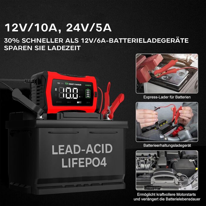 Інтелектуальне зарядне пристрій для акумулятора Haibito 12V/24V 10A з LCD-дисплеєм, для автомобіля