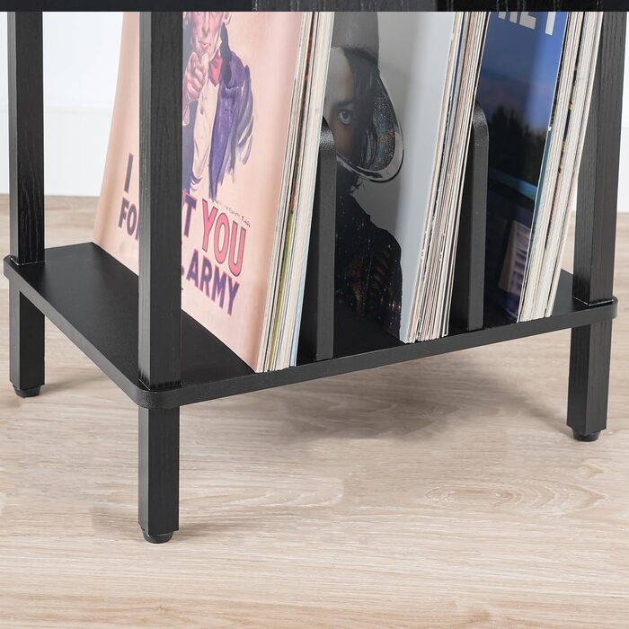 HOOBRO Стійка для програвача, полиця для платівок, приліжкова тумбочка, полиця для платівок з перегородками, органайзер для платівок, до 100 альбомів, для вітальні, чорний EBK05RS01