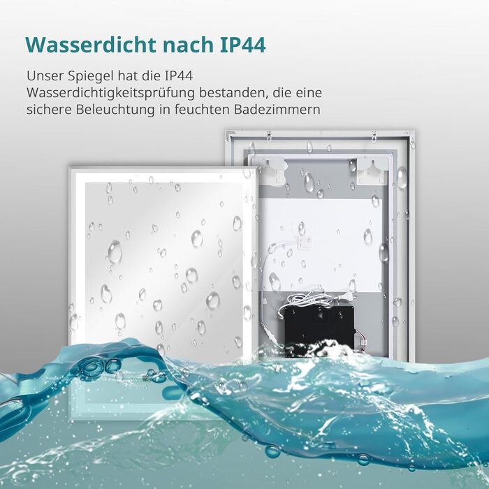 Дзеркало для ванної кімнати YOURLITE з підсвічуванням, 85x55 см, LED, сенсорне керування, 3 кольори світла, регулювання яскравості, антизапар, горизонтальне/вертикальне, IP44, білий (срібний, 80x60 см)
