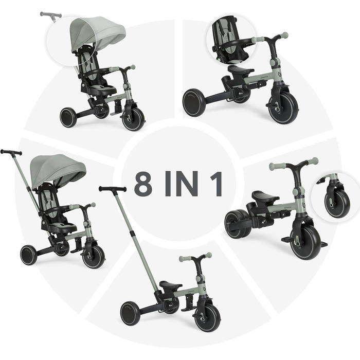 Триколісний велосипед KikkaBoo Dreirad 8-в-1 з ручкою для батьків, алюмінієва рама, зелений. Для дітей від 1 року.