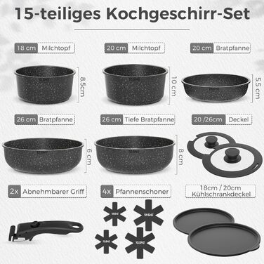 Набір кухонного посуду YASHE 15 предметів: каструлі та сковорідки з гранітно-покриттям, знімні ручки, для індукції, газу та склокераміки (сірий)