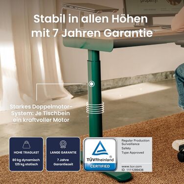 Ерготопія Десктопія Вone – Регульований стіл, електричний, TÜV-сертифікований, з подвійним мотором, 7 років гарантії (лісовий зелений)