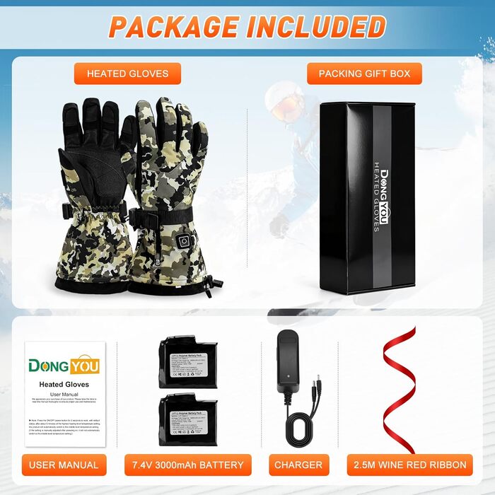 Електричні гріючі рукавички Ychee Camouflage, 7.4V, 22.2Wh, водонепроникні, двошарові, для кемпінгу (M)
