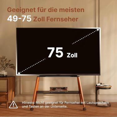 Підставка для телевізора ECOTINY на колесах для 49-75 дюймів, до 40 кг, Easel Design, металева конструкція з дерев'яною полицею, білий (чорний)