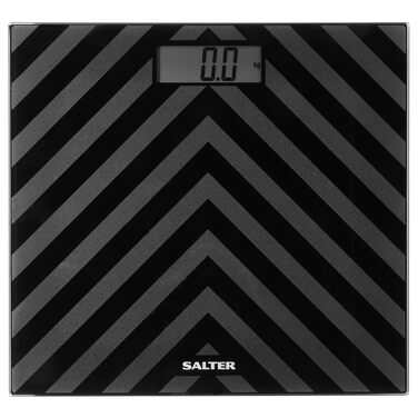 Цифрові ваги для ванної кімнати Salter SA00287 BAFEU16 - скляні ваги для ванної кімнати, 180 кг, РК-дисплей, що легко читається, чорний шевронний дизайн, батареї в комплекті, миттєве вимірювання ваги