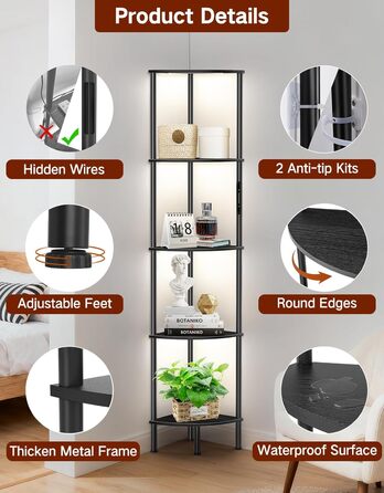 LED торшер з полицею, 3 режими світла, димування (сенсор/пульт), кутова полиця 5 рівнів, вузька книжкова шафа для вітальні, спальні, офісу, чорний