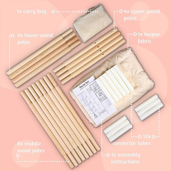 Дитячий намет-типі з натуральних матеріалів Kinder-Spielzelt Tipi - ідеальний подарунок для дитячої кімнати. Намет з бавовни та дерева для гри в приміщенні та на вулиці (Бежевий)