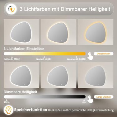 Дзеркало для ванної кімнати Badspiegel 70x50см з підсвічуванням 3 кольори, сенсорний вимикач, прямокутне, для ванної/вітальні, енергоклас A++
