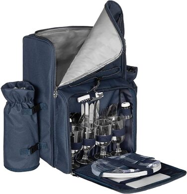 Рюкзак для пікніка Andora на 4 особи з інтегрованою сумкою-холодильником, зелений, з аксесуарами (темно-синій, білий)