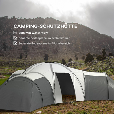 Кемпінговий намет Outsunny Tunnel Tent на 6-9 осіб з 3 спальнями, вітальнею та верандою, водяний стовп 2000 мм, сірий