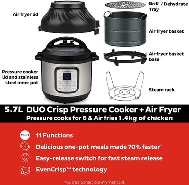 Instant Pot Duo Crisp 5.7L – мультикухня 11-в-1: мультиварка, фритюрниця, скороварка, пароварка, гриль, су-від