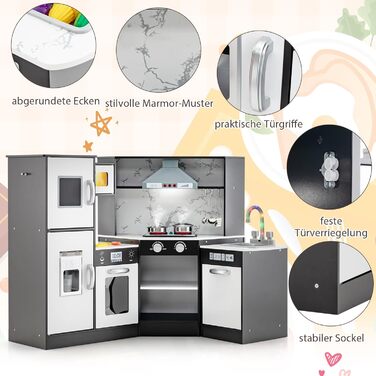 Дерев'яна дитяча кухня DREAMADE з аксесуарами (16 шт.), кухонний кутовий набір з плитою, духовкою, мийкою та дощечкою, ігровий кухонний набір з підсвіткою та звуком для дівчаток віком від 3 років (колір: коричневий)