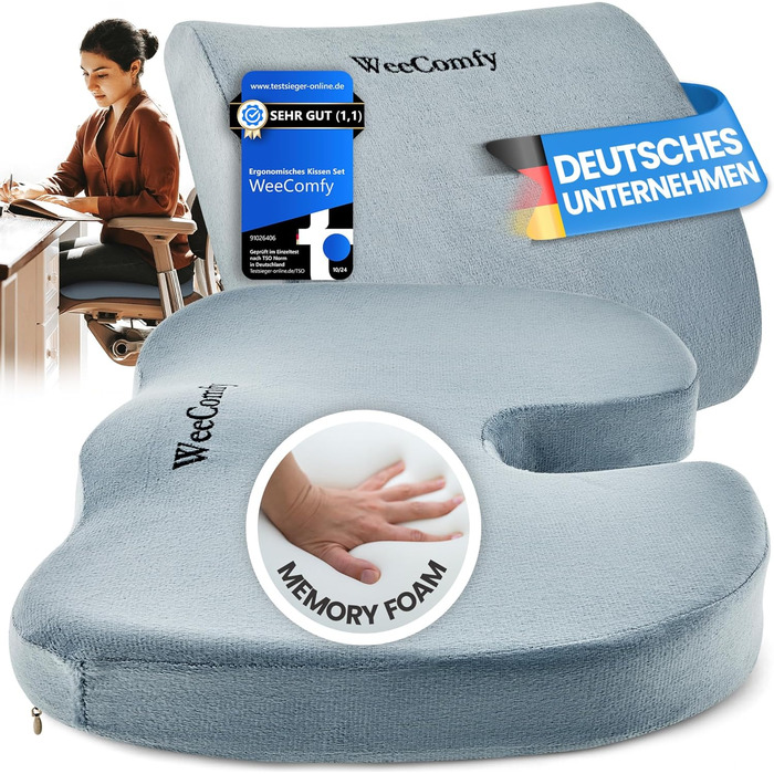 WeeComfy® Комплект подушок для сидіння та спини - ортопедичний набір - для підтримки правильної постави та покращення кровообігу при тривалому сидінні - до 100 кг (Сірий)