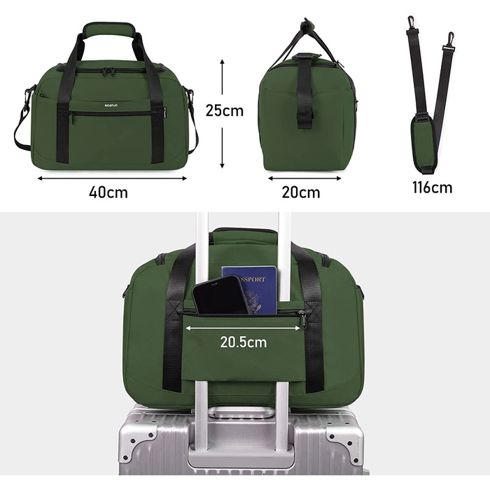 Ручна поклажа ECOHUB 40X20X25 для Ryanair Дорожня сумка сумка для літака під сидінням ручна поклажа валіза екологічно чиста Дорожня сумка з ПЕТ перероблена Дорожня сумка для жінок чоловіча сумка вихідного дня (зелений)