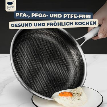 Пательня Pasper Ø 24 см – без PFAS, PTFE та PFOA – для індукційних, електричних, керамічних, газових плит та духовки – нержавіюча сталь з антипригарним покриттям у вигляді стільникового малюнку, придатна для миття в посудомийній машині