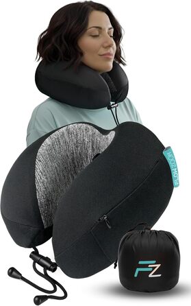 Подушка для шиї FLOWZOOM Comfy для літака та авто - регульована подушка з піною з пам'яті з гнучкими кнопками для 360° підтримки, дихаючий, пральний чохол - з сумкою - Чорний (Dream - Classic - Чорний)