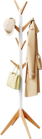 Вільхувана вішалка для одягу WOLTU з 8 гачками, дерев'яна, 180 см, білий+натуральний колір