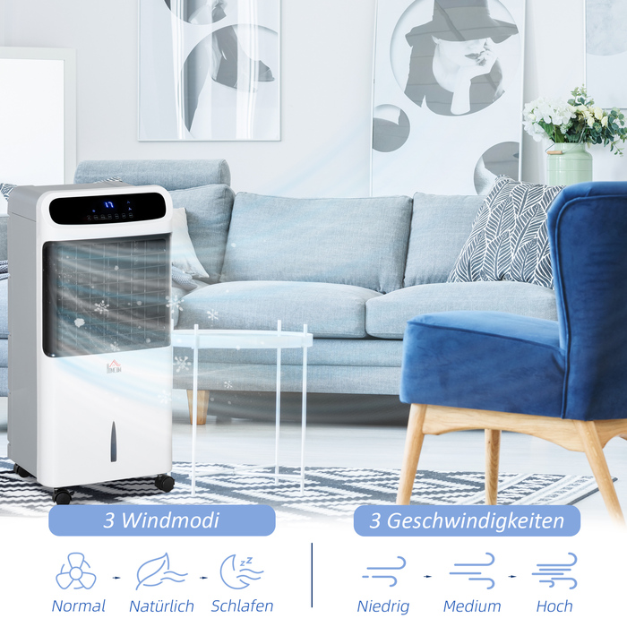 Зволожувач повітря з охолодженням водою, дистанційне керування, 3 режими, 3 швидкості, таймер на 12 годин, LED-дисплей, розміри 38x35x81 см, білий