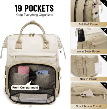 Рюкзак для ноутбука LOVEVOOK для жінок, великий шкільний рюкзак для підлітків, рюкзак ручної поклажі, водонепроникний дизайн, дихаючі плечові ремені, для університету, школи та подорожей, бежево-сірий (17 дюймів, B- Beige Khaki)