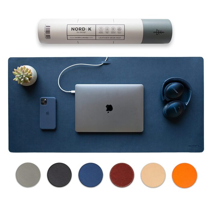 Килимок для столу Nordik з екошкіри та фетру, органайзер для кабелів (Midnight Blue, 89 x 43 см) — великий преміум килимок для миші та підкладка під письмо для домашнього офісу