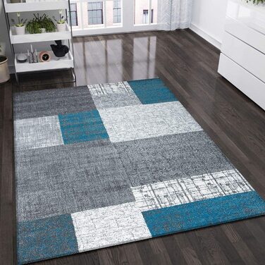 Дизайнерський Сучасний килим для вітальні VIMODA в сіро-білих тонах з коротким ворсом, розміри (60x110 см, Бірюзовий)