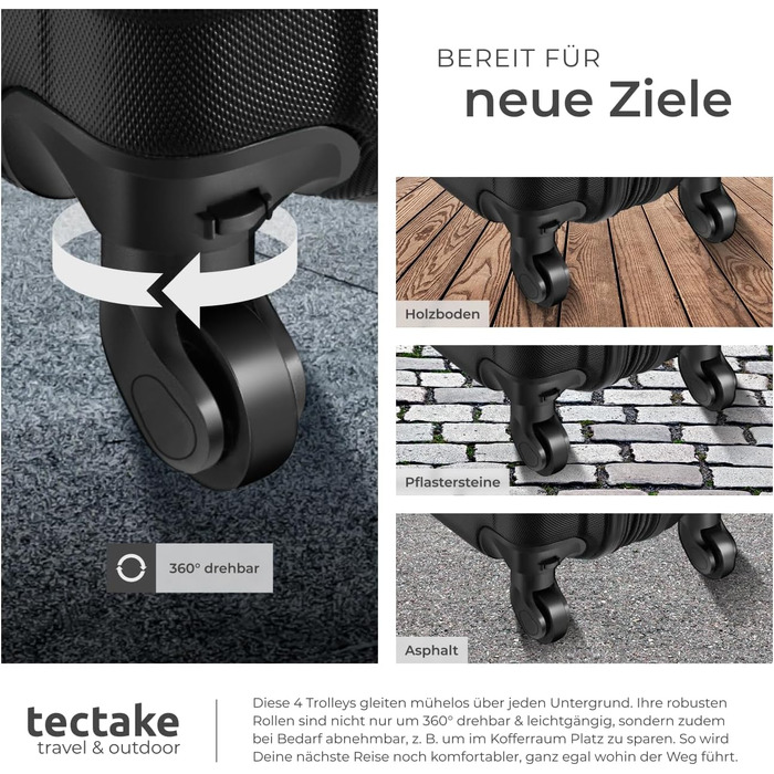 Набір валіз Tectake 4шт: S, M, L, XL з ABS пластику, з колесами, телескопічним ручками та замками. В комплекті вагова шалька та аксесуари для валіз. Чорний колір.