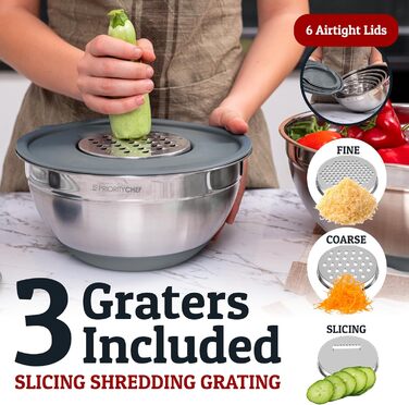 Набір місок для змішування Priority Chef з кришками, 6 шт. з неслизьким дном, набір місок з нержавіючої сталі, 6 герметичних кришок та 3 тертки, колір бірюзовий (Getaway Solids) (Сірий)