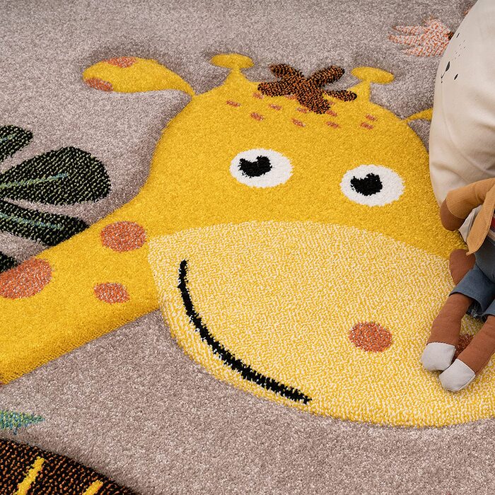 Дитячий килимок для дитячої кімнати Paco Home з коротким ворсом у вигляді тварин і джунглів, розмір колір (200x290 см, бежевий)