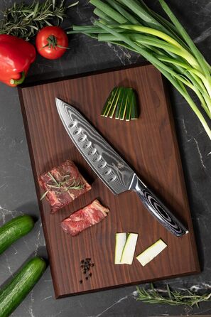 Кухонний ніж Wolfblood PRO Damast XL (33 см) з дамаської сталі 67 шарів, преміум-якість, для професійних кухарів, з дерев'яною ручкою, подарункова коробка, захист леза, сертифікований TÜV, 62 HRC