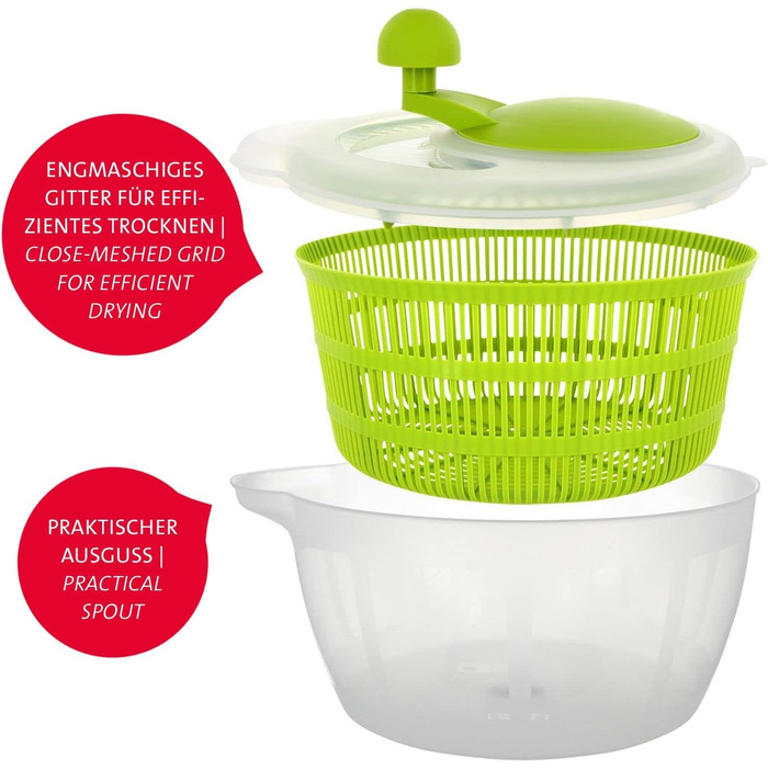 Westmark Salad Spinner, 5 л, ø 26 см, пластик, без бісфенолу А, Fortuna, прозорий/червоний, 243222E2 (яблучно-зелений, стандартний шейкер)