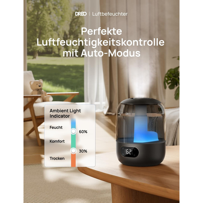 Зволожувач повітря Dreo для спальні, ультразвуковий пристрій холодного туману з 30 годинами роботи, резервуар 3L з верхнім заповненням, датчик вологості, нічне світло для дітей, кімнати, рослин та дому, чорний