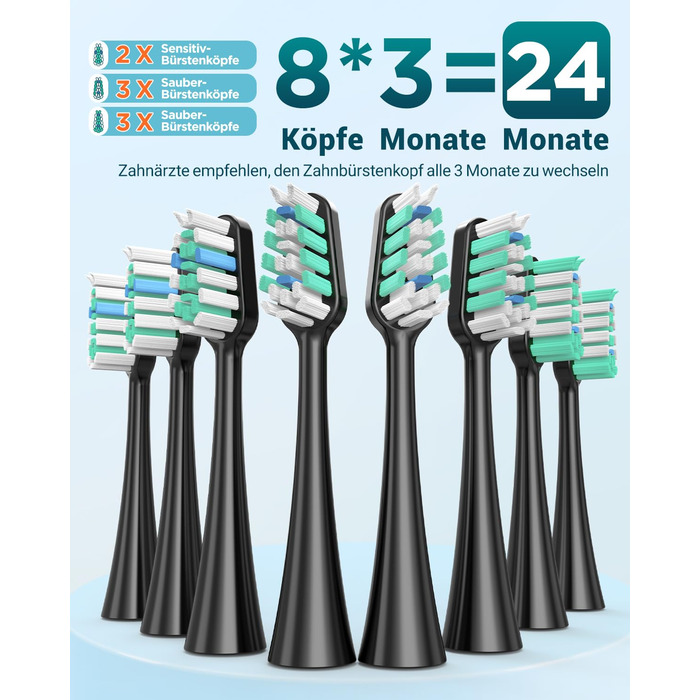Електрична зубна щітка для дорослих і дітей - звукова, 8 насадок (3 типи), 90 днів роботи, 5 режимів, 50000VPM, кейс для подорожей, таймер, чорна