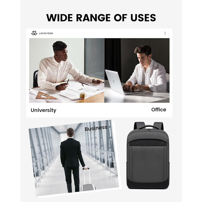 LOVEVOOK Рюкзак чоловічий великий, для ноутбука 17 дюймів, ділова сумка, рюкзак для роботи, шкільний рюкзак, водонепроникний, туристичний рюкзак, чоловічий, повсякденний, для офісу, роботи, подорожей, навчання (15.6 дюймів, Темно-сірий)