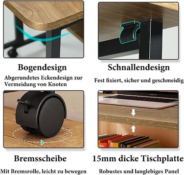 Маленький розкладний письмовий стіл з коліщатками та полицею, ширина 80 см, колір дуба, економія місця, промисловий дизайн