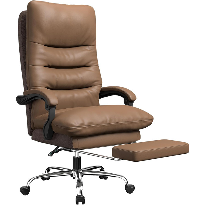Ергономічне крісло для офісу Naspaluro з підніжкою, комп'ютерне крісло з подвійним шаром подушок, високою спинкою, функцією відкидання, регулюванням висоти, PU-шкіра, до 150 кг (колір: коричневий, штучна шкіра)