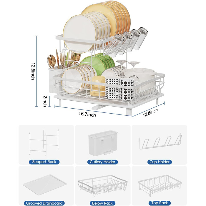 Сушарка для посуду LIONONLY, 2-рівнева сушарка для посуду з піддоном для крапель, сушарка з нержавіючої сталі з тримачем для посуду, підстаканник і поворотний носик, посуд Сушарка для посуду Кухня (біла, велика)