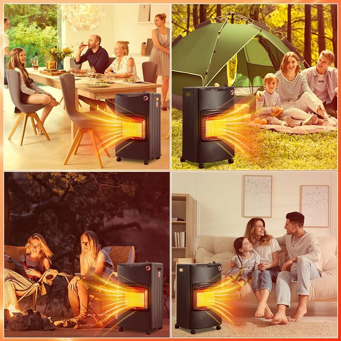 Газовий опалювальний камін з 3-ма рівнями регулювання потужності 1400-4200 Вт, об'єм нагріву до 80 м³, сумісний з балонами бутан/пропан до 10 кг, з газовим редуктором та шлангом