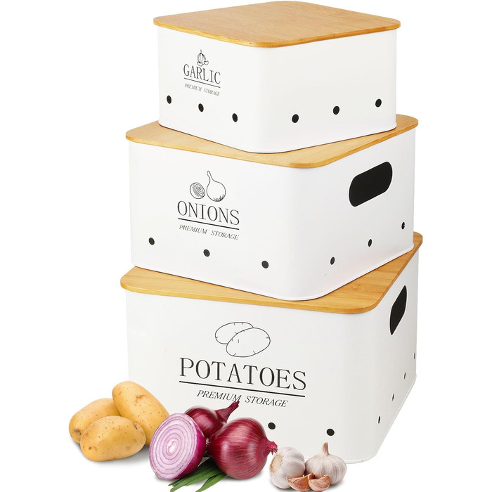 Набір контейнерів для зберігання картоплі, цибулі та часнику (3 шт.) з бамбуковим кришками - зберігає овочі свіжими довше. Чорний (Blanc)
