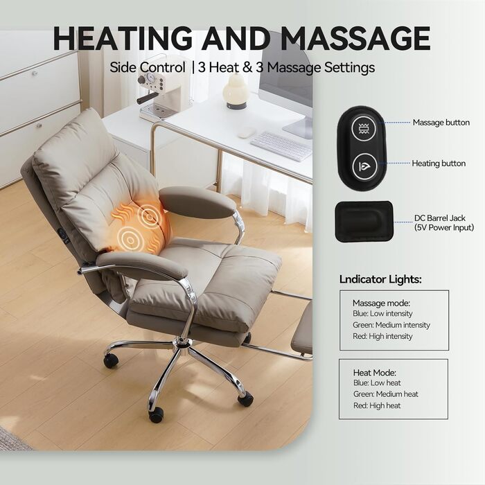 Офісний крісло EMIAH з підставкою для ніг, ергономічний крісло для офісу та дому, комп'ютерне крісло з PU шкіри, з підлокітниками та роликами (Хакі)