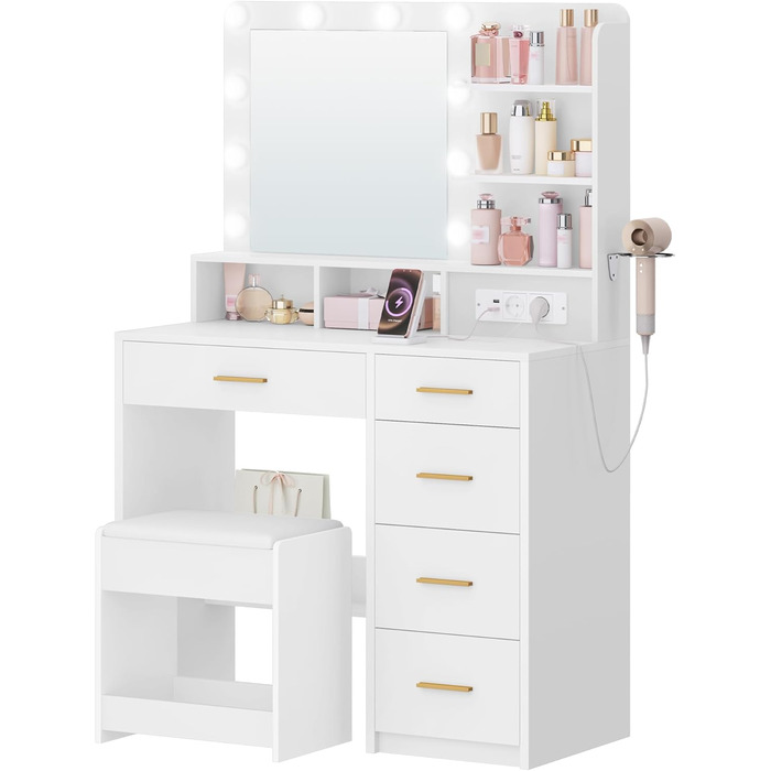 Дзеркальний туалетний столик Hzuaneri з LED-підсвіткою (10 LED), пуфом, великим дзеркалом, тримачем для фену та шухлядами, білий DT39003X