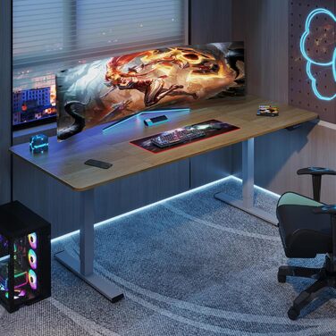 Регульований стіл Sanodesk – електричний підйомний стіл для роботи та ігор, з пам'яттю, 140x70 см (акорн) білий+акорн